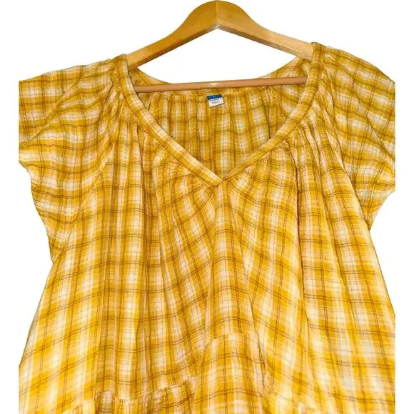 Old Navy Flounce Sleeve Yellow Plaid Mini Swing Dress Women Sz 3X Cotton Cottage - Picture 5 of 11